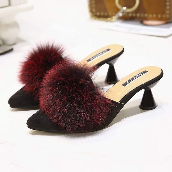 fashion womens hairball half-drag mid-heeled wool slippers pointed toe rubber sandals daily shoes zapatillas mujer wine, Black
fashion womens hairball half-drag mid-heeled wool slippers pointed toe rubber sandals daily shoes zapatillas mujer wine, Black