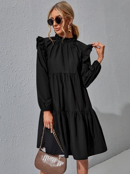 ruffle trim ruched front smock dress a8n7#, Black;gray 
ruffle trim ruched front smock dress a8n7#, Black;gray
