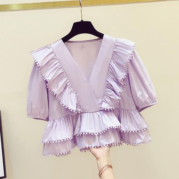 women's blouses & shirts 2021 summer short sleeves v neck ruffles shirt female high waist blouse ladies blusas a3371, White
women's blouses & shirts 2021 summer short sleeves v neck ruffles shirt female high waist blouse ladies blusas a3371, White