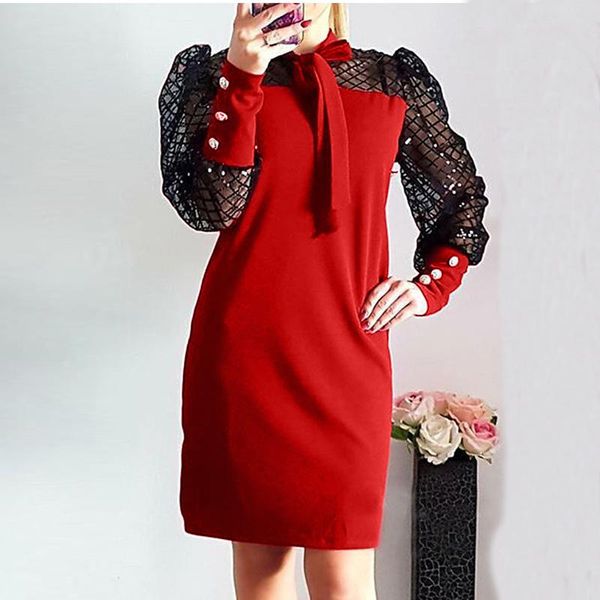 casual dresses autumn women dress long sleeve crewneck lace up winter fashion patchwork mesh sequins puff bow, Black;gray
casual dresses autumn women dress long sleeve crewneck lace up winter fashion patchwork mesh sequins puff bow, Black;gray