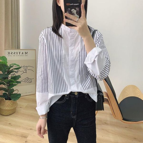 women's blouses & shirts women and female long sleeve casual striped stand collar korean style loose cotton q469, White
women's blouses & shirts women and female long sleeve casual striped stand collar korean style loose cotton q469, White