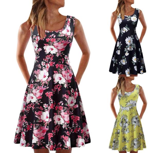 casual dresses summer dress women beach scoop o-neck sleeveless flower print a-line sun party night sexy, Black;gray 
casual dresses summer dress women beach scoop o-neck sleeveless flower print a-line sun party night sexy, Black;gray