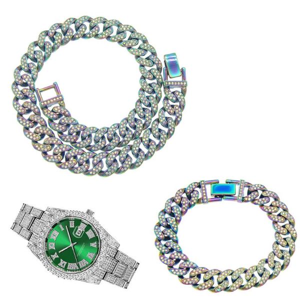 chains 3pcs kit 13mm hip hop iced out full paved rhinestone miami curb cuban multicolor necklace+watch+bracelet for women jewelry, Silver
chains 3pcs kit 13mm hip hop iced out full paved rhinestone miami curb cuban multicolor necklace+watch+bracelet for women jewelry, Silver