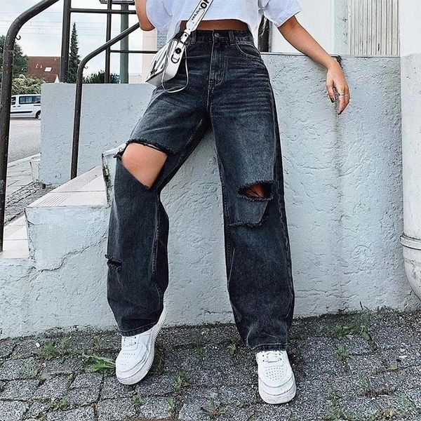women's pants & capris ripped women jeans wide leg long ladies black fashion loose high waist vintage denim hole korean trouser, Black;white 
women's pants & capris ripped women jeans wide leg long ladies black fashion loose high waist vintage denim hole korean trouser, Black;white