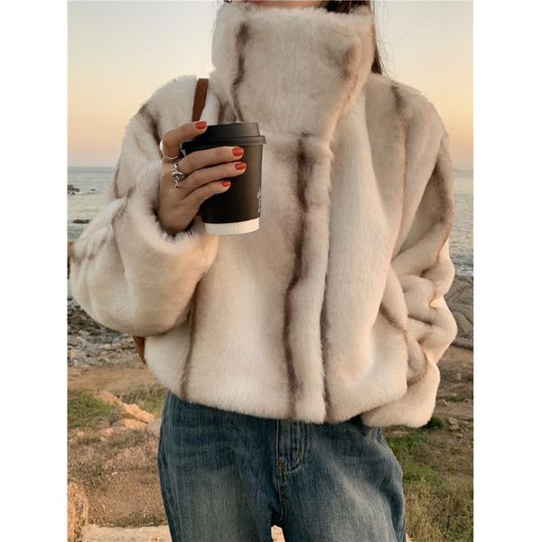 women's fur & faux cotton jacket 2021 young style stand-up collar imitation fashion western coat women q101, Black