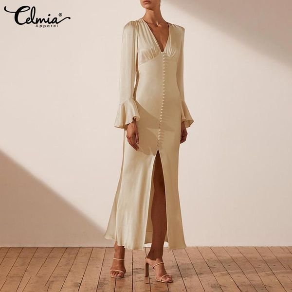 casual dresses 2021 autumn celmia women flare sleeve maxi dress vintage satin silk buttons split vestidos v-neck party elegant long rob, Black;gray
casual dresses 2021 autumn celmia women flare sleeve maxi dress vintage satin silk buttons split vestidos v-neck party elegant long rob, Black;gray