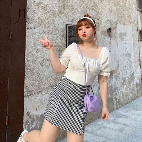 women summer plus size two pieces sets vintage square collar blouse+high waist plaid bodycon skirts casual lady suits 210517, White
women summer plus size two pieces sets vintage square collar blouse+high waist plaid bodycon skirts casual lady suits 210517, White