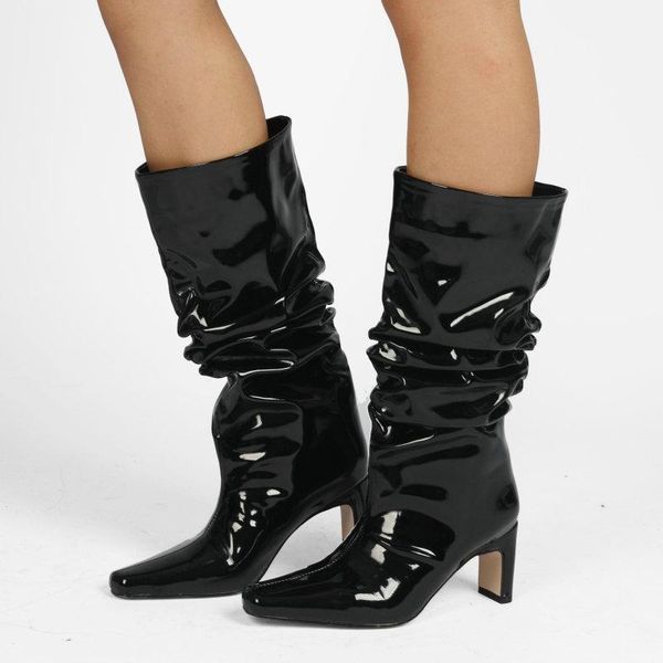 boots spring autumn fashion pleated lady knee high loose slip on patent leather women's shoes winter thick heel square toe, Black
boots spring autumn fashion pleated lady knee high loose slip on patent leather women's shoes winter thick heel square toe, Black
