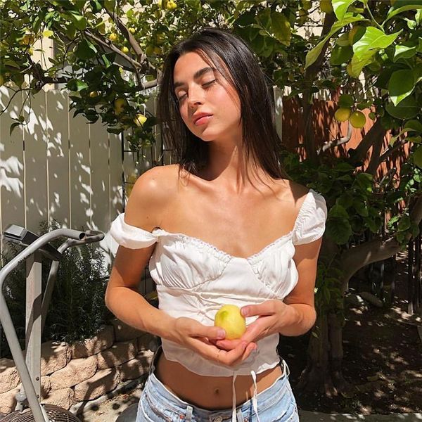 women's t-shirt chronstyle lace-up women off shoulder crop solid color short sleeve tee shirts slim fit low cut summer, White
women's t-shirt chronstyle lace-up women off shoulder crop solid color short sleeve tee shirts slim fit low cut summer, White