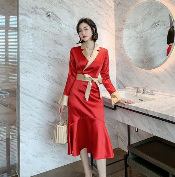 casual dresses autumn red satin ruffle dress women fall flare sleeve lace up slim waist trumpet / mermaid midi robe femme vestidos, Black;gray
casual dresses autumn red satin ruffle dress women fall flare sleeve lace up slim waist trumpet / mermaid midi robe femme vestidos, Black;gray