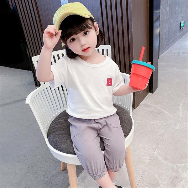 summer wear girls cartoon stripe t shirt children 7 minutes of pants suit with short sleeves, White
summer wear girls cartoon stripe t shirt children 7 minutes of pants suit with short sleeves, White