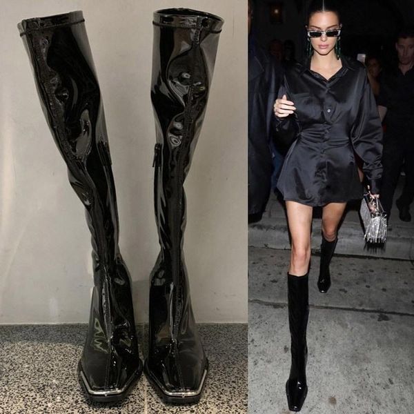 dress shoes star same boots net red small white metal square knee high tube thick heel women winter plush, Black
dress shoes star same boots net red small white metal square knee high tube thick heel women winter plush, Black