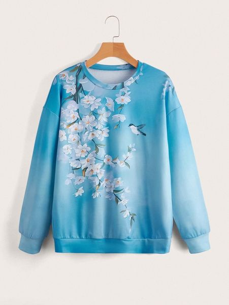 emery rose bird & floral print drop shoulder pullover u9l3#, White;black