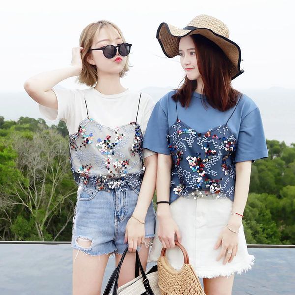 women's t-shirt size 3xl summer short sleeve o-neck women fake two pieces fashion patchwork sequined t shirt casual loose t-shirts, White
women's t-shirt size 3xl summer short sleeve o-neck women fake two pieces fashion patchwork sequined t shirt casual loose t-shirts, White