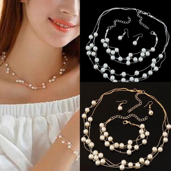 earrings & necklace elegant women wedding bridal jewelry sets multi layer imitation pearl chain bracelet set, Silver
earrings & necklace elegant women wedding bridal jewelry sets multi layer imitation pearl chain bracelet set, Silver