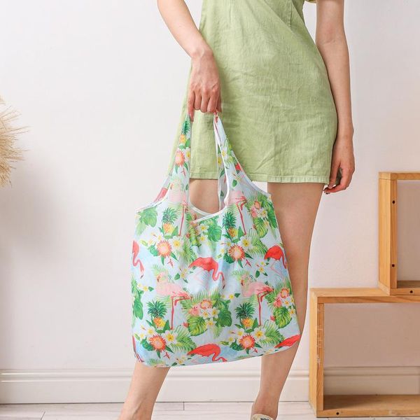 

storage bags women foldable eco shopping bag tote pouch portable reusable grocery cactus flamingo dots