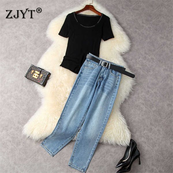 high street fashion summer suit women elegant short sleeve knitted and diamonds jeans pants set casual 2 piece outfits 210601, White
high street fashion summer suit women elegant short sleeve knitted and diamonds jeans pants set casual 2 piece outfits 210601, White