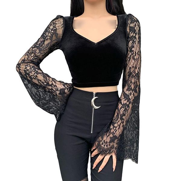 women's t-shirt kayotuas women gothic lace long flare sleeve see-through v-neck slim fit exposed navel streetwear, White
women's t-shirt kayotuas women gothic lace long flare sleeve see-through v-neck slim fit exposed navel streetwear, White