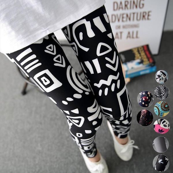 high waist fitness graffiti women leggings cartoon printing milk silk pants, Black
