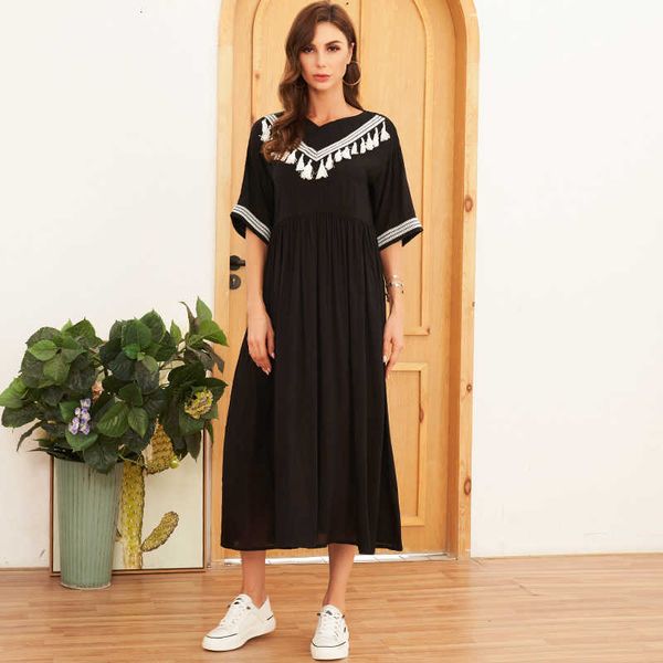 casual dresses summer style ladies bohemian cotton and linen tassel round neck stitching middle sleeve black long a-line 7fmi, Black;gray
casual dresses summer style ladies bohemian cotton and linen tassel round neck stitching middle sleeve black long a-line 7fmi, Black;gray