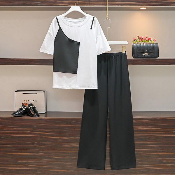 summer two-piece sets women patchwork fake o-neck t-shirt + black wide leg pants ladies suits female outfit women's two piece, White
summer two-piece sets women patchwork fake o-neck t-shirt + black wide leg pants ladies suits female outfit women's two piece, White