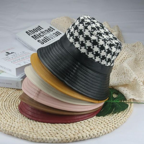 wide brim hats bucket hat women houndstooth plaid leather patchwork winter red black white casual fishing 2021 gorras, Blue;gray
wide brim hats bucket hat women houndstooth plaid leather patchwork winter red black white casual fishing 2021 gorras, Blue;gray