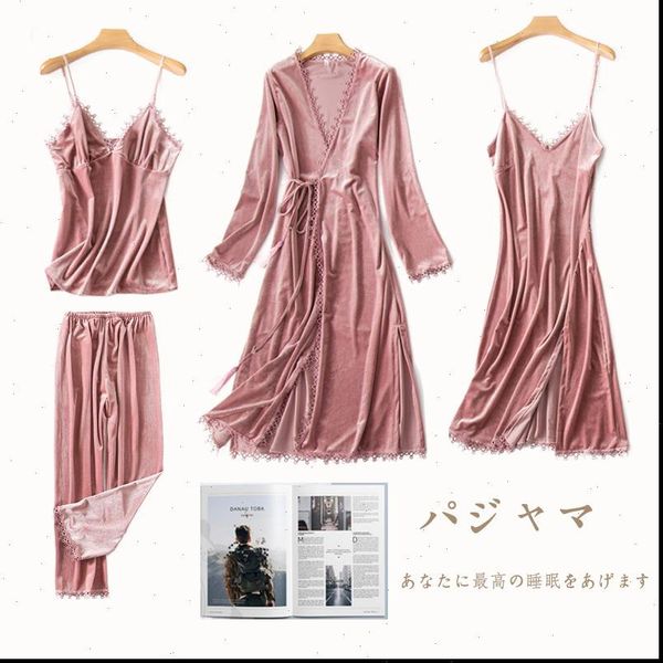 velvet pajama sets autumn women sleepwear winter warm pijamas cami robe 4pcs elegant pyjamas home clothes, Black;red
velvet pajama sets autumn women sleepwear winter warm pijamas cami robe 4pcs elegant pyjamas home clothes, Black;red