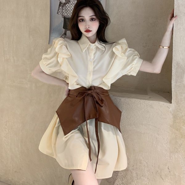 fashion women shirt dress summer korean short sleeve lady chic ruffles mini dresses vestidos with belt 210518, Black;gray
fashion women shirt dress summer korean short sleeve lady chic ruffles mini dresses vestidos with belt 210518, Black;gray