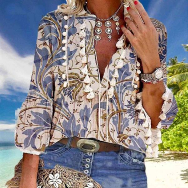boho elegant v neck tassel women shirt three quarter sleeve floral print spring autumn chic blouses, White
boho elegant v neck tassel women shirt three quarter sleeve floral print spring autumn chic blouses, White