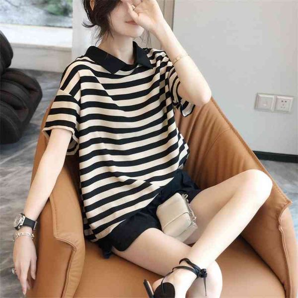 polo collar t-shirt sleeve women's black and white stripe loose short summer 2021 new fashion, White;black
polo collar t-shirt sleeve women's black and white stripe loose short summer 2021 new fashion, White;black