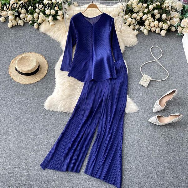 women's two piece pants nomikuma woman elegant pant sets long sleeve v-neck blouse + high waist pleated wide leg 2021 korean outfits 6k, White
women's two piece pants nomikuma woman elegant pant sets long sleeve v-neck blouse + high waist pleated wide leg 2021 korean outfits 6k, White
