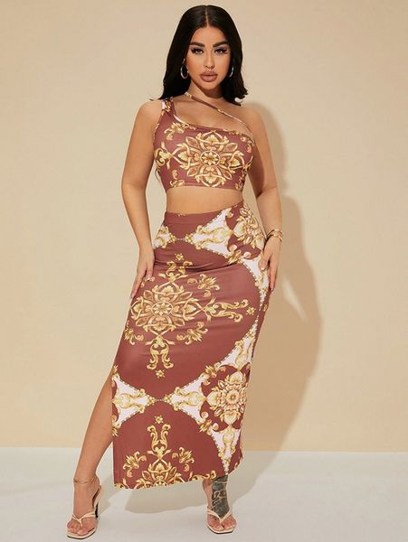 sxy baroque print one shoulder crop & split thigh skirt q9et#, White 
sxy baroque print one shoulder crop & split thigh skirt q9et#, White
