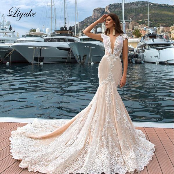 other wedding dresses liyuke skin tulle of v-neckline mermaid dress empire elegant lace with short sleeve champagne bridal, White
other wedding dresses liyuke skin tulle of v-neckline mermaid dress empire elegant lace with short sleeve champagne bridal, White