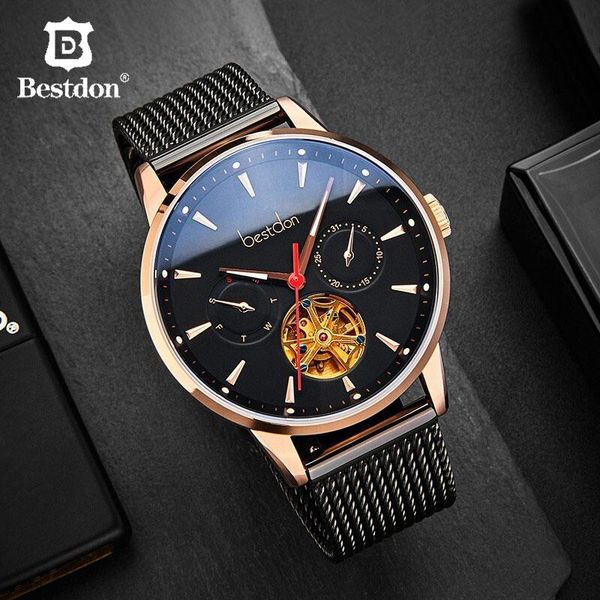 wristwatches don tourbillon mechanical mens watches stainless steel skeleton watch waterproof clock relogio masculino, Slivery;brown