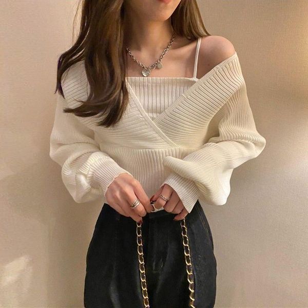 women's sweaters chic solid slim autumn v neck short white knitted fashion fake two pieces pullover korean ladies bottoming jumpers, White;black 
women's sweaters chic solid slim autumn v neck short white knitted fashion fake two pieces pullover korean ladies bottoming jumpers, White;black