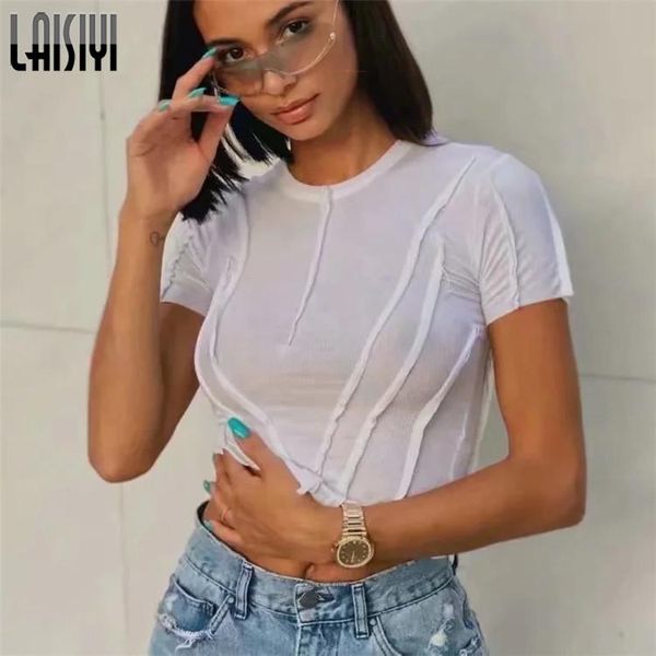 crew neck short sleeve asymmetrical transparent woman tees edible three slim casual navel black streetwear women's t-shirt, White
crew neck short sleeve asymmetrical transparent woman tees edible three slim casual navel black streetwear women's t-shirt, White