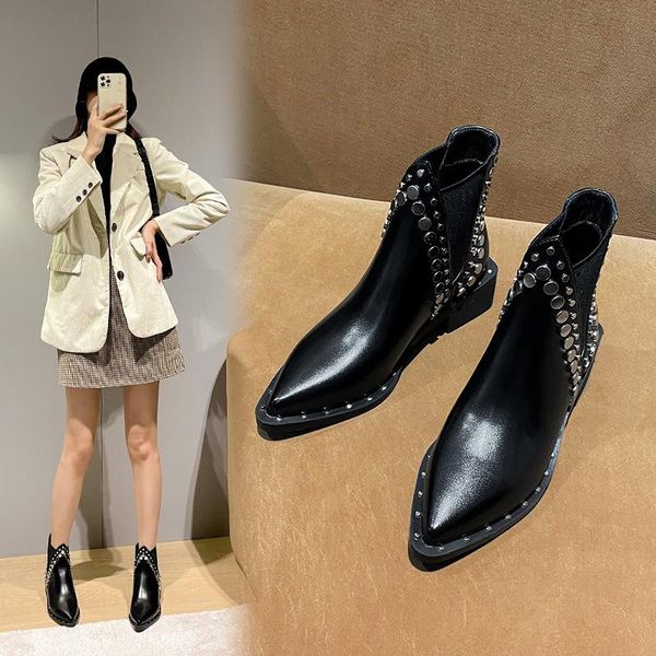 boots 2021 autumn/winter leather fashion thick heel british wind rivet pointed ankle anti-skid women, Black