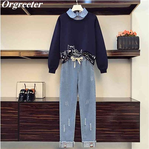 casual preppy style denim 2 piece set women spring fall cat printted blouse with elastic waist rabbit embroidery jeans suits 210602, White
casual preppy style denim 2 piece set women spring fall cat printted blouse with elastic waist rabbit embroidery jeans suits 210602, White