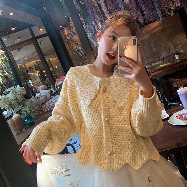 women's knits & tees solid color short autumn cardigan sweater wave side loose doll collar winter button knitted girl, White
women's knits & tees solid color short autumn cardigan sweater wave side loose doll collar winter button knitted girl, White