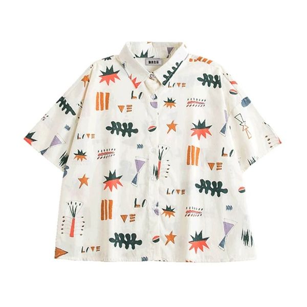 women beige print cartoon button turn down collar short sleeve loose shirt blouse summer b0071 210514, White
women beige print cartoon button turn down collar short sleeve loose shirt blouse summer b0071 210514, White