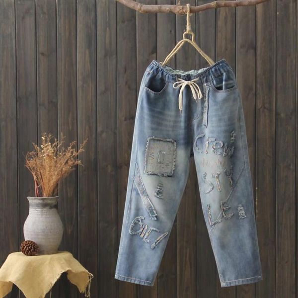 women's pants & capris casual elastic waist letter stitch embroidery hole denim female mori girl 2021, Black;white
women's pants & capris casual elastic waist letter stitch embroidery hole denim female mori girl 2021, Black;white