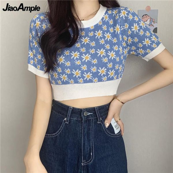 women's t-shirt summer thin knitted daisy short t shirts women 2021 fashion casual o-neck crop ladies sweet blue clothing streetwear, White
women's t-shirt summer thin knitted daisy short t shirts women 2021 fashion casual o-neck crop ladies sweet blue clothing streetwear, White