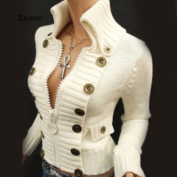 women's knits & tees zipper swearters long sleeve cargidan slim fit sweater women solid color buttons jumpsers high collar clothing, White
women's knits & tees zipper swearters long sleeve cargidan slim fit sweater women solid color buttons jumpsers high collar clothing, White