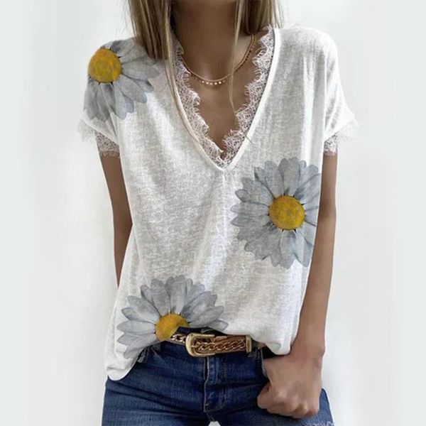 women's t-shirt casual loose fashion basic floral printed all match lace patchwork street women female short sleeve v-neck t-shirts #t2, White
women's t-shirt casual loose fashion basic floral printed all match lace patchwork street women female short sleeve v-neck t-shirts #t2, White