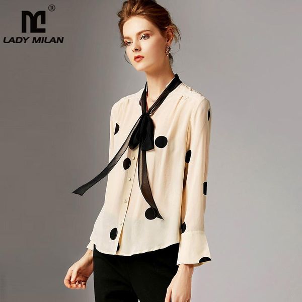 women's blouses & shirts 100% pure silk runway o neck dot printed long sleeves bow detailing fashion, White
women's blouses & shirts 100% pure silk runway o neck dot printed long sleeves bow detailing fashion, White