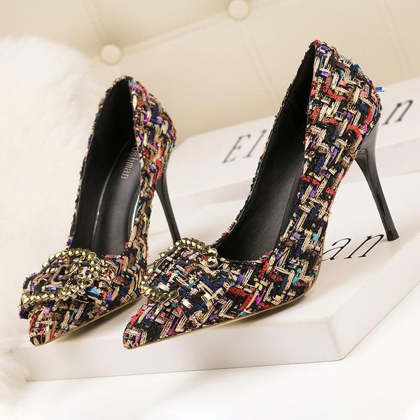 dress shoes korean fashion color matching wool women's thin heels high rhinestone buckle pointed single, Black
dress shoes korean fashion color matching wool women's thin heels high rhinestone buckle pointed single, Black