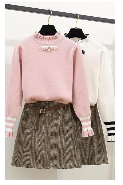 two piece dress women small fresh style fall winter sweater skirt sets high neck ruffles sleeve bow cute knit +tweed short, White
two piece dress women small fresh style fall winter sweater skirt sets high neck ruffles sleeve bow cute knit +tweed short, White