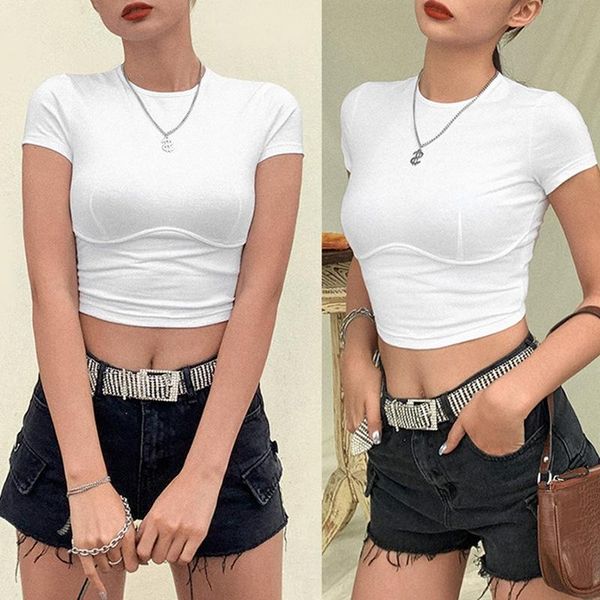 women's t-shirt round neck short sleeve slim show navel all-around bottom solid for women, White
women's t-shirt round neck short sleeve slim show navel all-around bottom solid for women, White