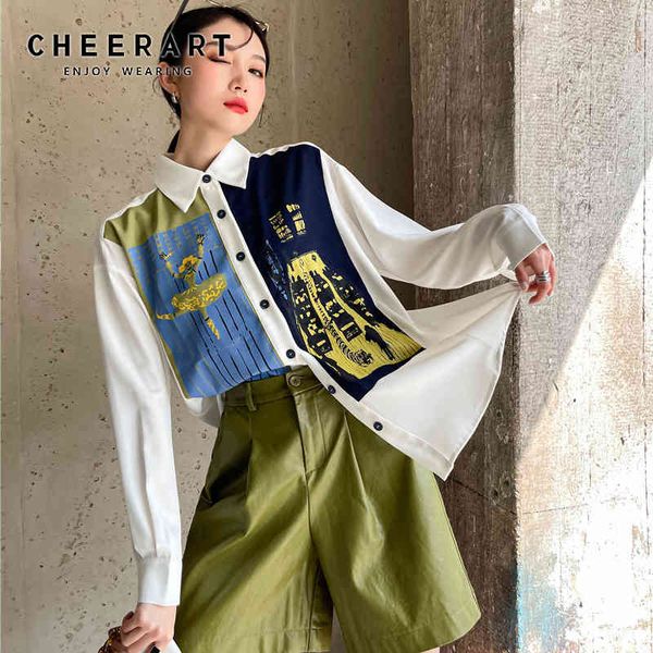 fashion shirts for women long sleeve color block button up collared print shirt white and blouse korean style 210427
fashion shirts for women long sleeve color block button up collared print shirt white and blouse korean style 210427