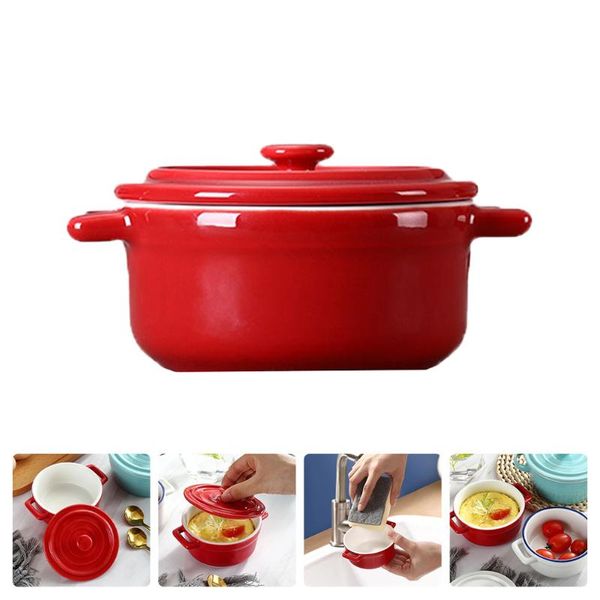 bowls 1pc ceramic stewing bowl creative dessert rice with lid (red)